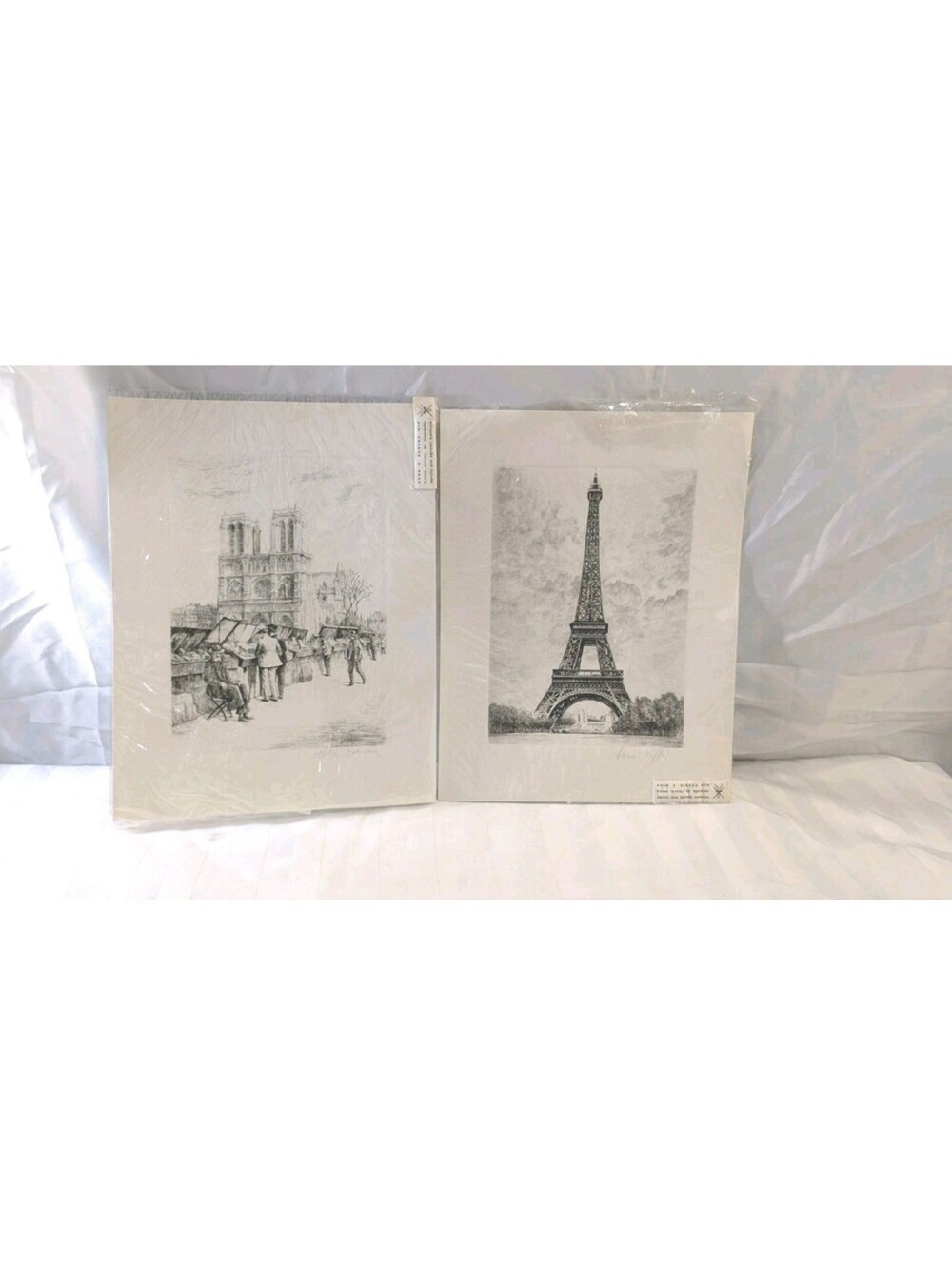 Pair Posthumous Etchings After Leopold Robin Paris Notre Dame & Eiffel Tower
